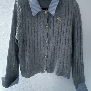 SHEIN Gray Cable-Knit Button Cardigan with Blue Collar